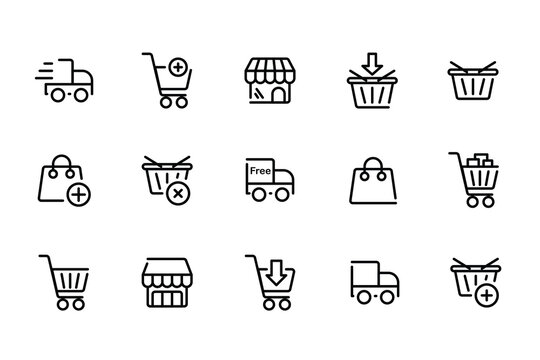E-commerce Marketplace icon set. Online shopping and cart elements. E-business symbol. Outline icons vector collection.