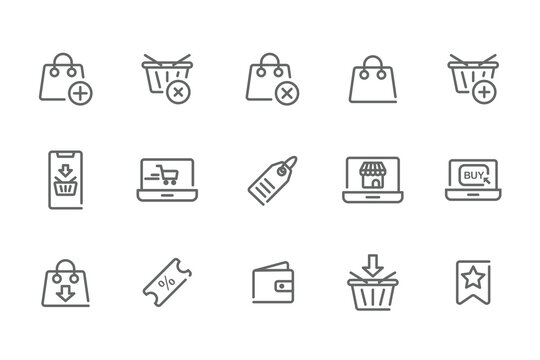 E-commerce Marketplace icon set. Online shopping and cart elements. E-business symbol. Outline icons vector collection.