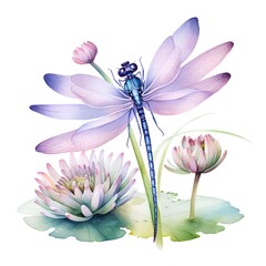 Beautiful vector image with nice watercolor dragonfly and lotus