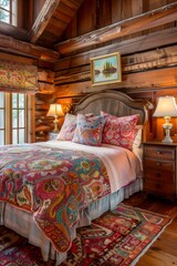 a beautiful bedroom in log cabin with wood walls, bed is made up and has colorful paisley bedding, night stand on the right side of room with window to left, warm lighting, wooden floors