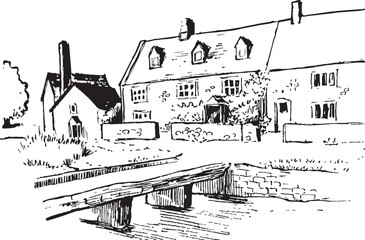 Cotswold Village ink sketch. British countryside vector drawing. Cottages, towers, rivers scene illustration.