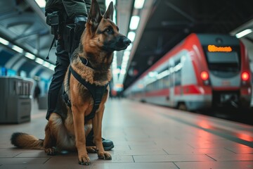 Security agent with a police dog in a train station platform