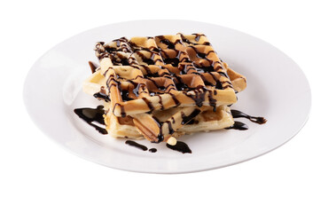 waffles stacked with chocolate sauce on round white plate transparent background