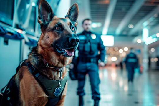 Security agent with a police dog in the scanners at the airport security control