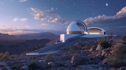 A cutting-edge astronomical observatory with advanced telescopes, digital displays, and a...