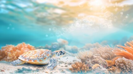 Sea turtle swims in the sea under water among the bright coral reefs