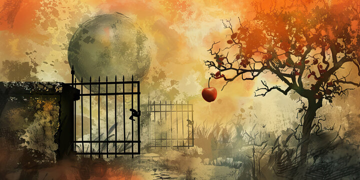 Exclusivity: The Locked Gate and Forbidden Fruit - Visualize a locked gate with a forbidden fruit behind it, illustrating the exclusivity and allure of secret knowledge in cults