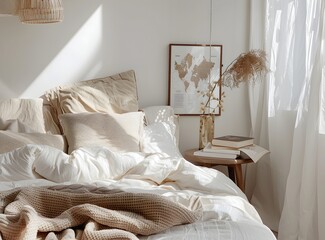 Fototapeta na wymiar A closeup of the white bed with beige and cream pillows, a wooden bedside table holding books, a knitted blanket on top