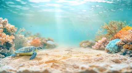 Sea turtle swims in the sea under water among the bright coral reefs
