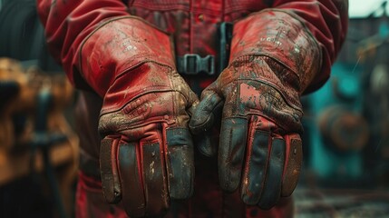 The iron welder wears vibrant red leather protective gloves designed for men to ensure safety while working - obrazy, fototapety, plakaty