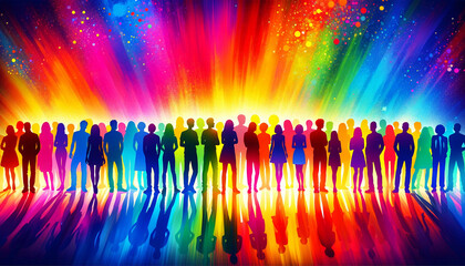 A colorful silhouette of a diverse group of people standing together, showcasing a wide array of colors representing diversity and inclusion - obrazy, fototapety, plakaty