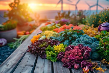 Fototapeta premium Lush urban garden filled with vibrant vegetables against a stunning sunset, highlighting sustainable living