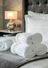 closeup of white towels folded on top of and next to the bed in an elegant hotel room, showcasing luxury and comfort