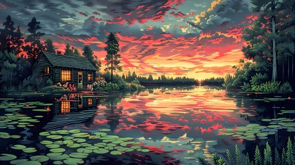 Sunset lakeside and cottage garden illustration poster background - obrazy, fototapety, plakaty