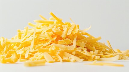 Fototapeta premium Cheese shreds against a plain white backdrop