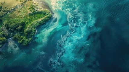 Aerial view of coastline with distinct green vegetation and vibrant blue water mixing - obrazy, fototapety, plakaty