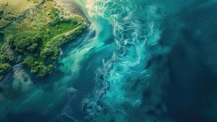Fotobehang Aerial view of coastline with distinct green vegetation and vibrant blue water mixing © Татьяна Макарова