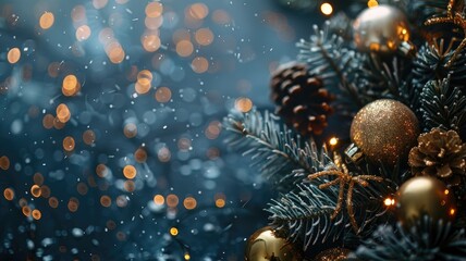 Obraz na płótnie Canvas Golden Christmas ornaments on pine branch with sparkling lights in festive atmosphere