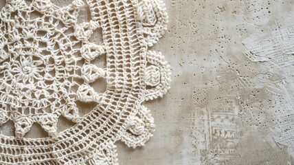 Delicate crochet lace doily on textured beige backdrop - obrazy, fototapety, plakaty