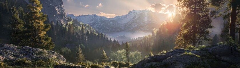 A mountain range with a sun shining on it