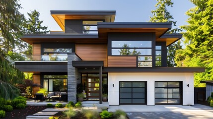 Fototapeta premium Stylish Home: Garage and Patio in Modern House with Backyard Retreat