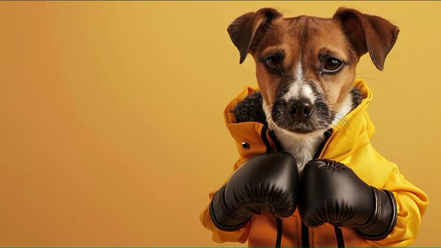 Adorable dog wearing a jacket and boxing gloves