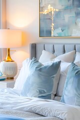 A closeup shot of the bedside table in an elegant bedroom, featuring soft white and blue accents with golden lamp details, interior of bedroom
