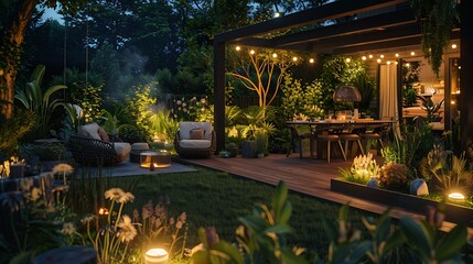 Modern Backyard Oasis: Summer Evening Vibes with Outdoor Lights, Plants, and Stylish Lounge and Dining Furniture