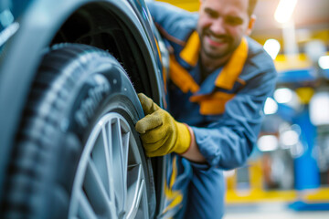 Fototapeta premium Mechanic Smiling with Tire, Automotive Service, Workshop Environment