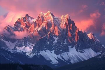 The last rays of the sunset casting a warm glow on majestic snowy mountain peaks. - obrazy, fototapety, plakaty