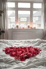 A heart-shaped wreath of rose petals was placed on the bed, creating an elegant and romantic atmosphere in a modern bedroom