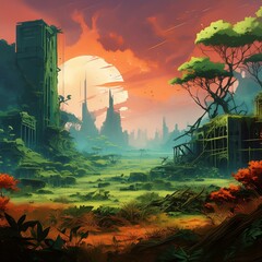  a post-apocalyptic wasteland where crumbling buildings are engulfed by overgrown vegetation, and a toxic sky casts an eerie glow over the desolate landscape.