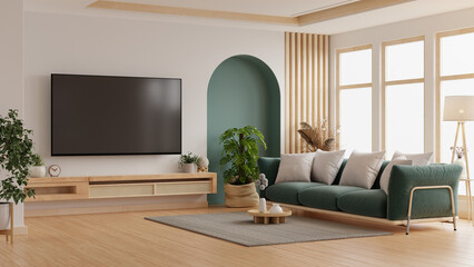 Wall mounted tv mockup on cabinet in living room with green sofa and decor accessories- 3D rendering
