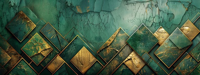 Abstract geometric pattern with emerald and gold hues on a textured surface.