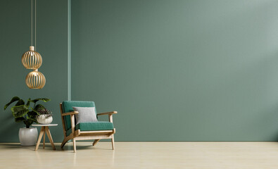Modern wooden living room has an green armchair on empty dark green wall background- 3D rendering - obrazy, fototapety, plakaty