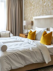 A large bed in the hotel room with a beige headboard, white linens and yellow pillows on it, carpeted floor, wallpapered walls