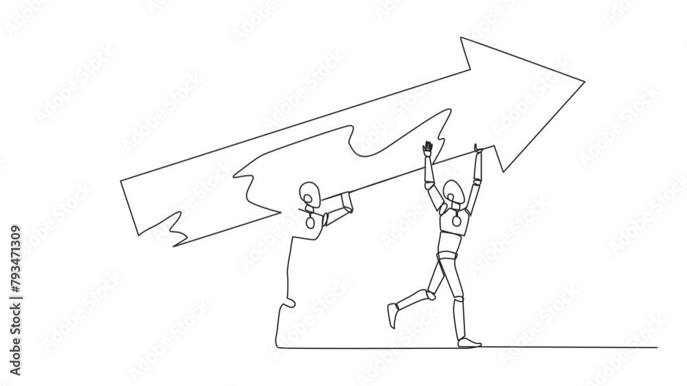 Poster animation of continuous one line drawing three robots raised the big arrow together. with great team