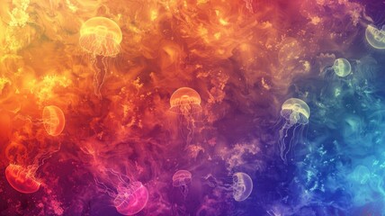 Fototapeta na wymiar Colorful digital artwork of jellyfishes floating with vibrant, fiery background