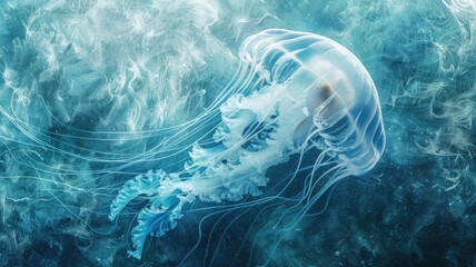 Transparent blue jellyfish swimming underwater with delicate tentacles trailing behind - obrazy, fototapety, plakaty