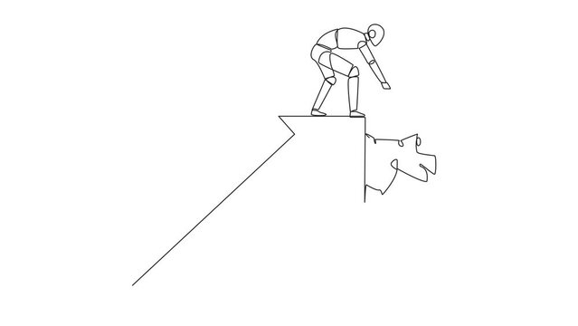 Animated self drawing of single continuous line drawing a robot pulled the arm of another robot that almost fell from the big arrow. Team work to help colleagues. Full length single line animation