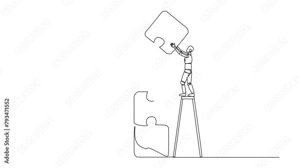 Poster animated self drawing of continuous one line drawing two robots putting together a puzzle. one of th