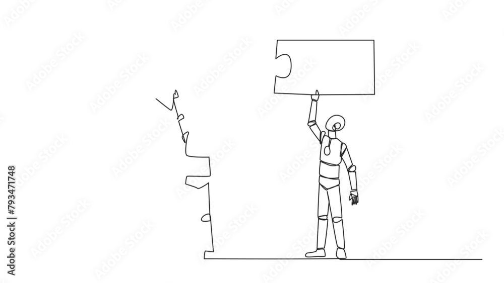 Poster animation of a single continuous line drawing of two robots working together carrying a directional 