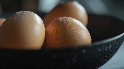Close up of eggs in a black bowl celebrating national egg day
