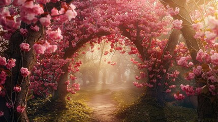 This image shows a path through a forest. The path is lined with cherry trees, which are in bloom. The cherry blossoms are pink and white. - obrazy, fototapety, plakaty