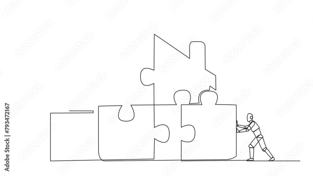 Poster self drawing animation of single continuous line drawing two robots put together a square puzzle in 