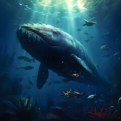 깊은 바다속 고래와 물고기들