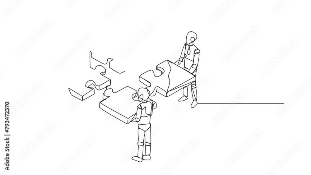 Poster self drawing animation of single one line drawing four robotics artificial intelligence standing wit