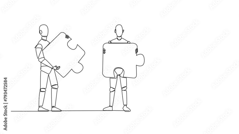 Poster self drawing animation of single one line drawing three robots each carrying three puzzle pieces. te