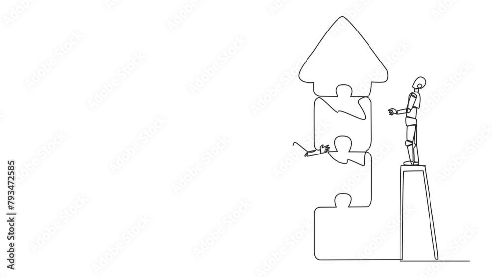 Poster animation of a single continuous line drawing two robots doing teamwork together. climbing the stair