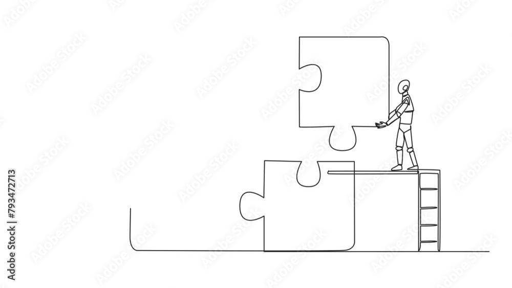 Poster self drawing animation of a single continuous line drawing two robots teamwork to put together a squ